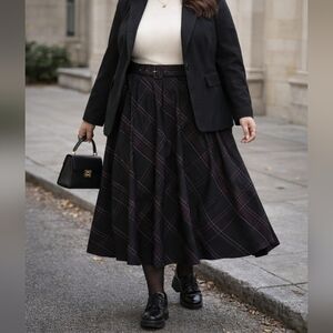 Addition Elle Plus Size Black Plaid A-Line Skirt w/ Belt Dark Academia Preppy